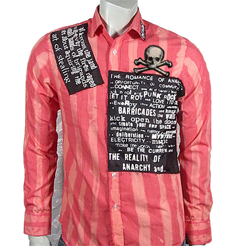 Romance of Anarchy red striped shirt with white print black patches