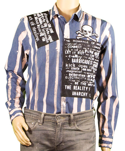 Romance of Anarchy grey striped shirt with white print black patches