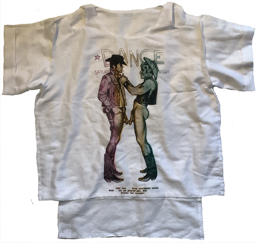 Cowboys in black, pink, yellow and green on white T-SHIRT or MUSLIN
