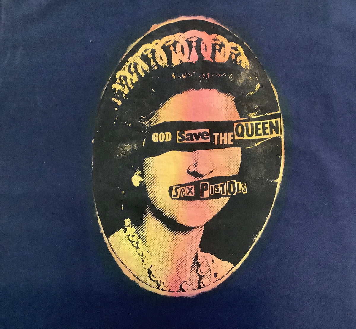 SALE: Blind Queen painted over print on blue t-shirt X-Large