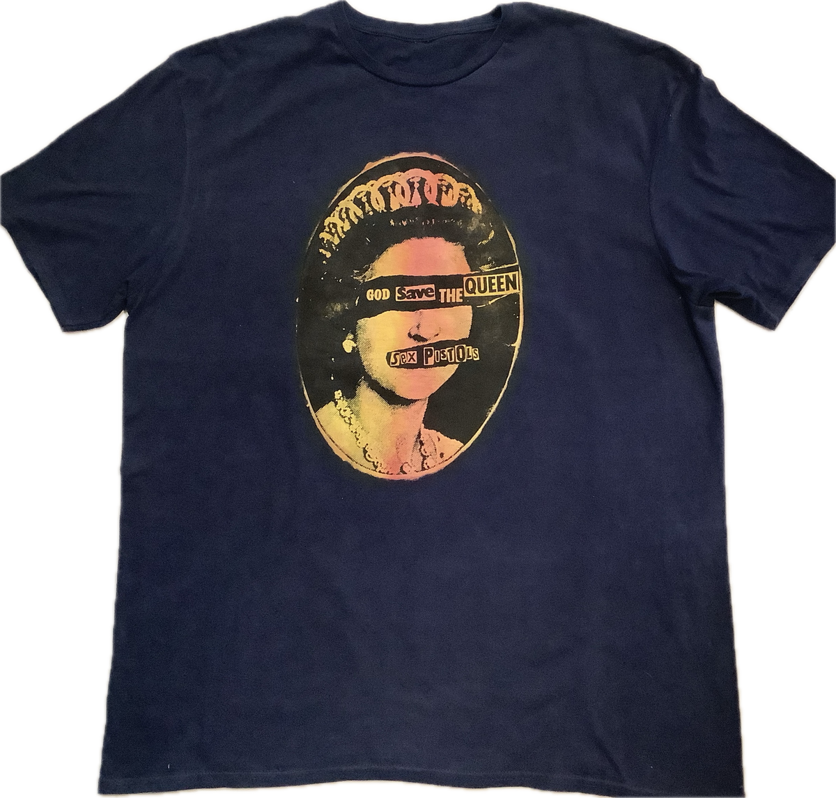 SALE: Blind Queen painted over print on blue t-shirt X-Large