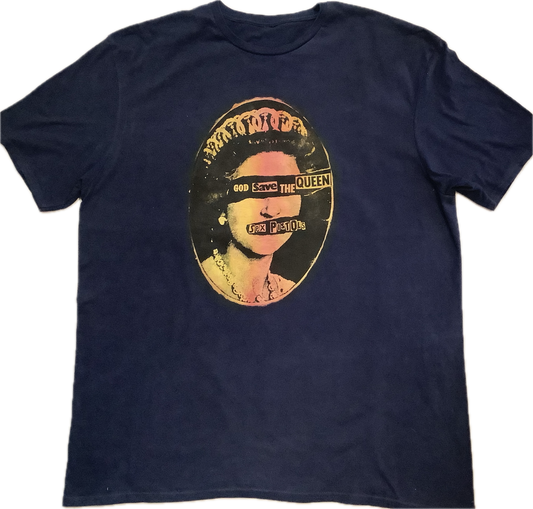 SALE: Blind Queen painted over print on blue tee XL