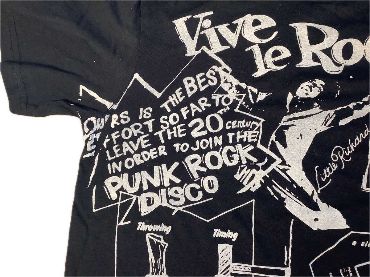 SALE: Vive Le Rock white print on black T-SHIRT - Small 46cms  wide