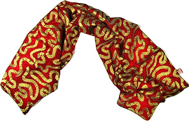 Silk scarf in red with gold print 135cms x 35 cms