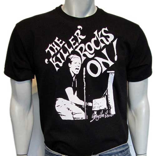 SALE: The Killer Rocks On white print on black T-SHIRT large 57cms wide