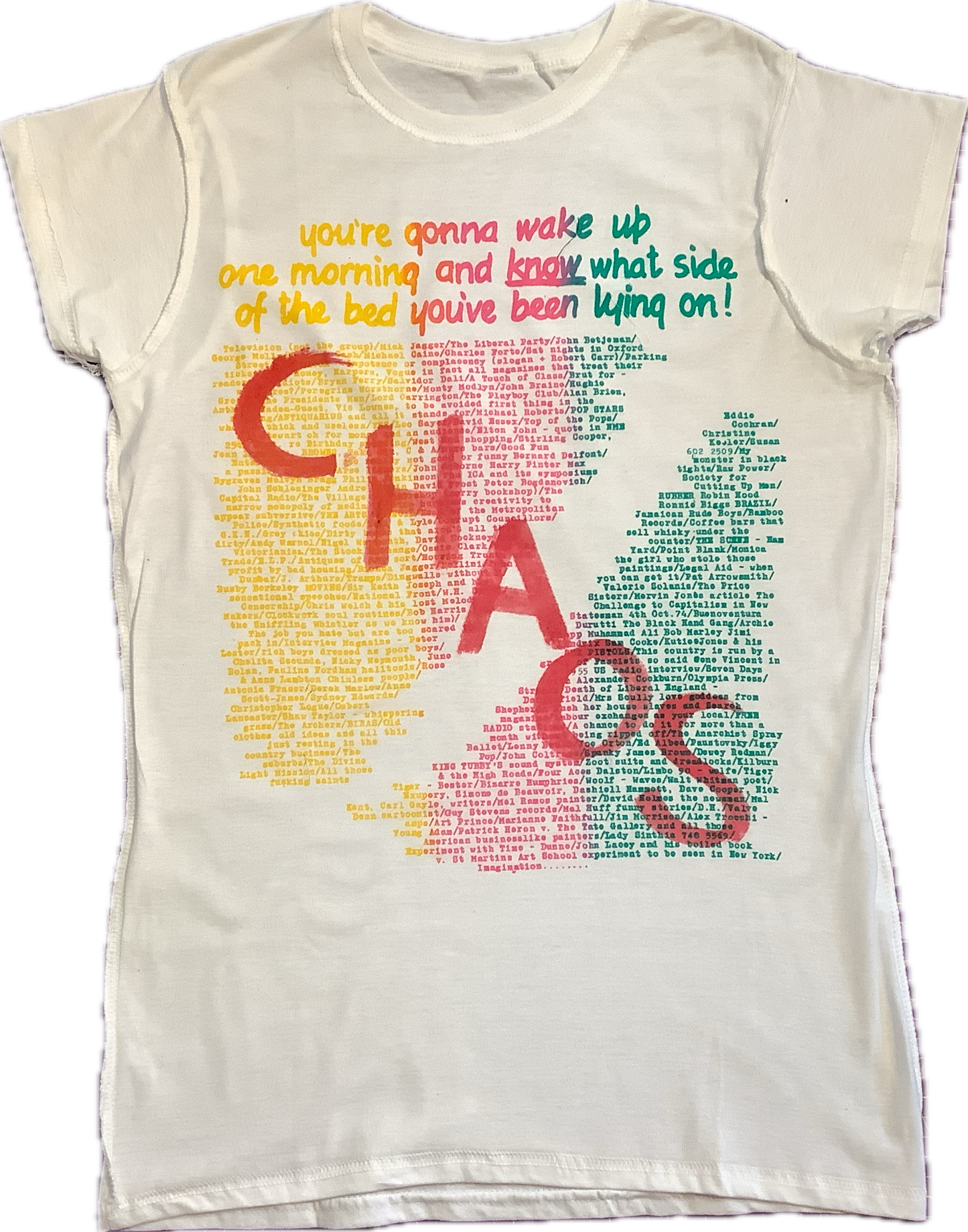 Wake Up WOMEN'S t-shirt in yellow, pink and green. Size 10/12 medium