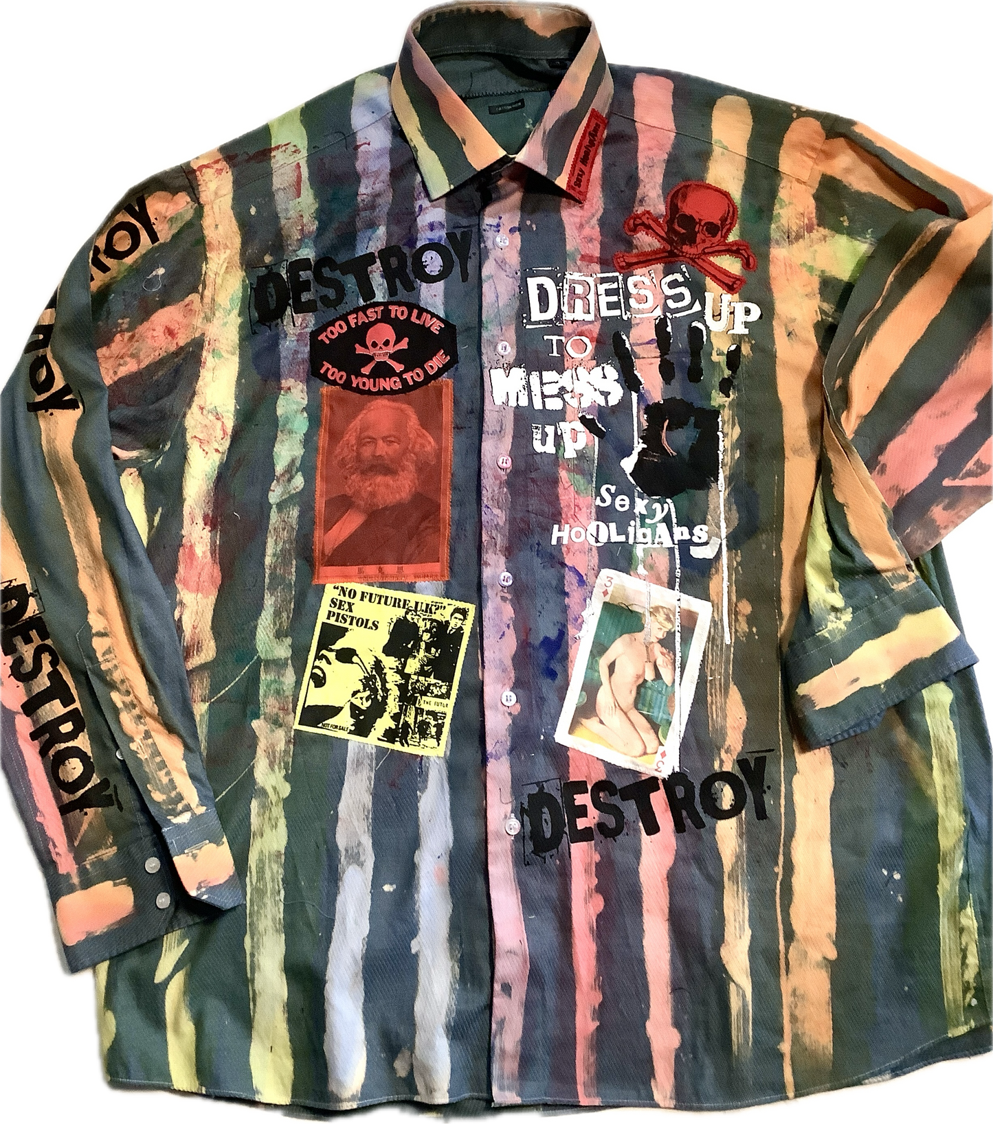 Dress Up to Mess Up Grey shirt in Red/Green/Blue/yellow multi stripes and patches XL